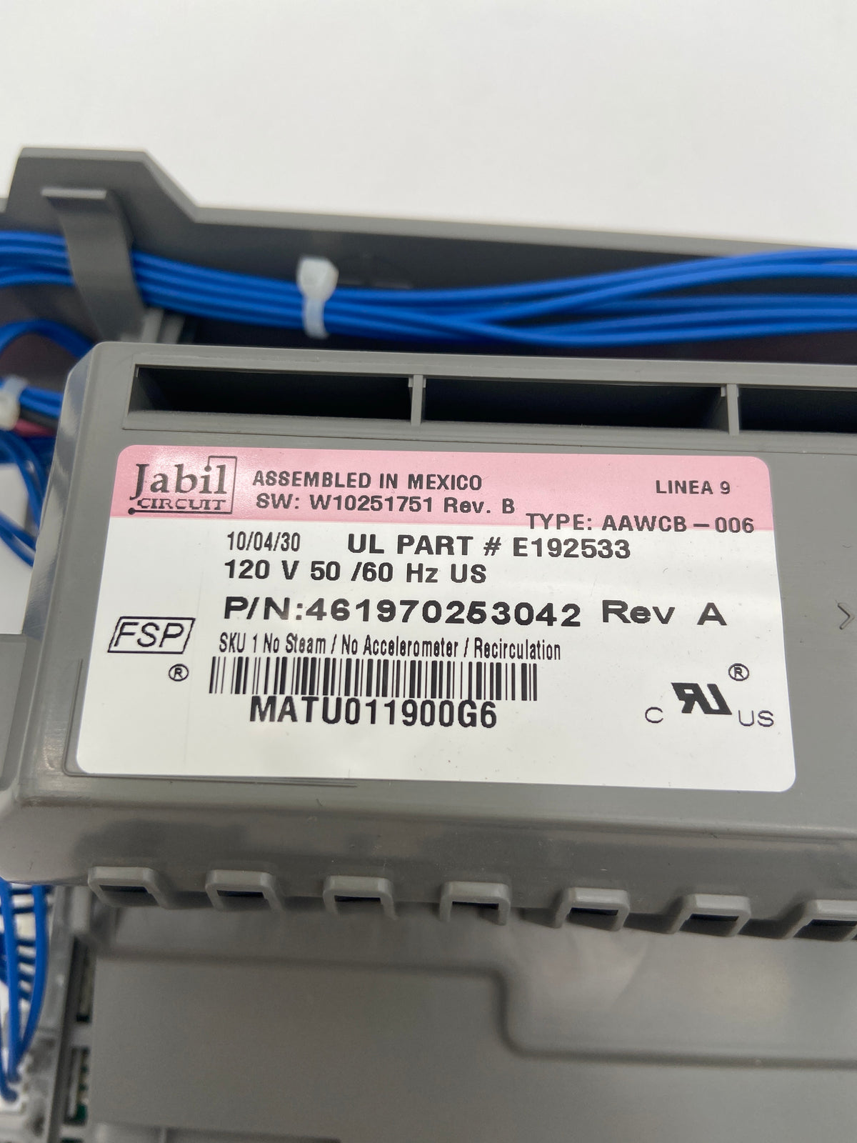 Carte de commande de laveuse Whirlpool W10251751 461970253042