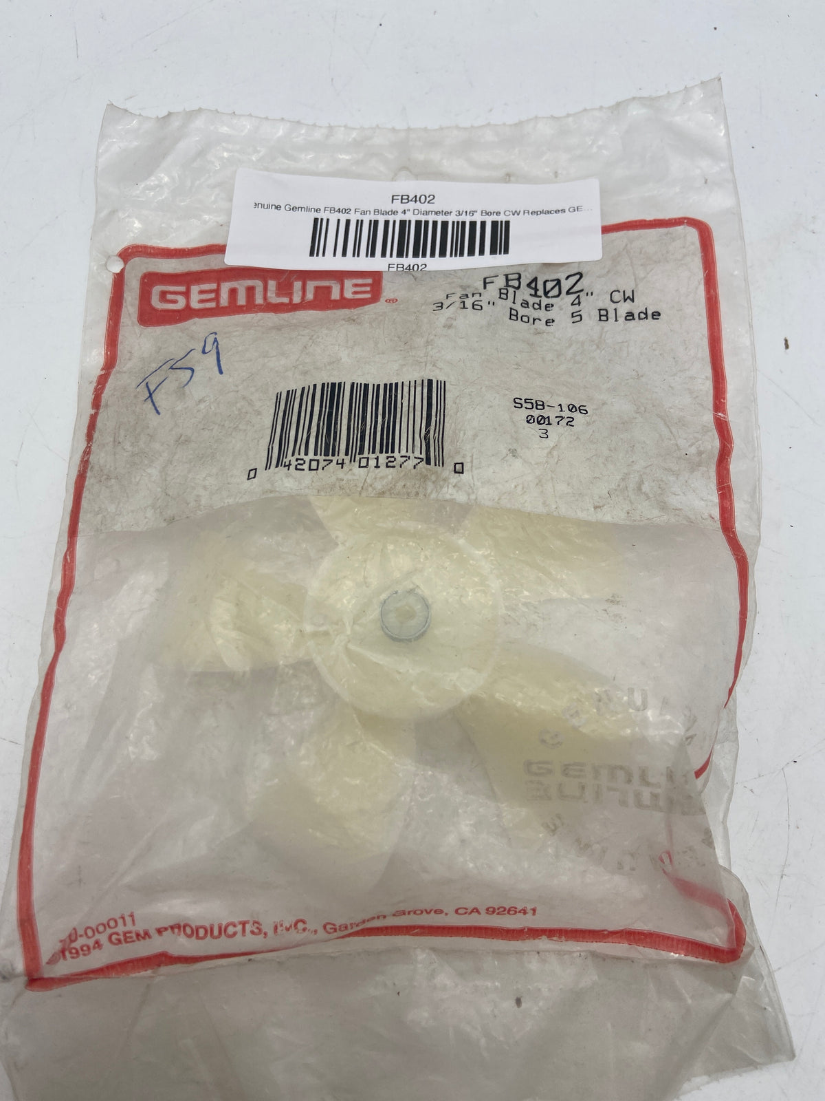 Lame de ventilateur d'origine Gemline FB402, diamètre 4 po, alésage 3/16 po, rotation horaire (CW), remplace GE Whirlpool, encore dans son emballage.