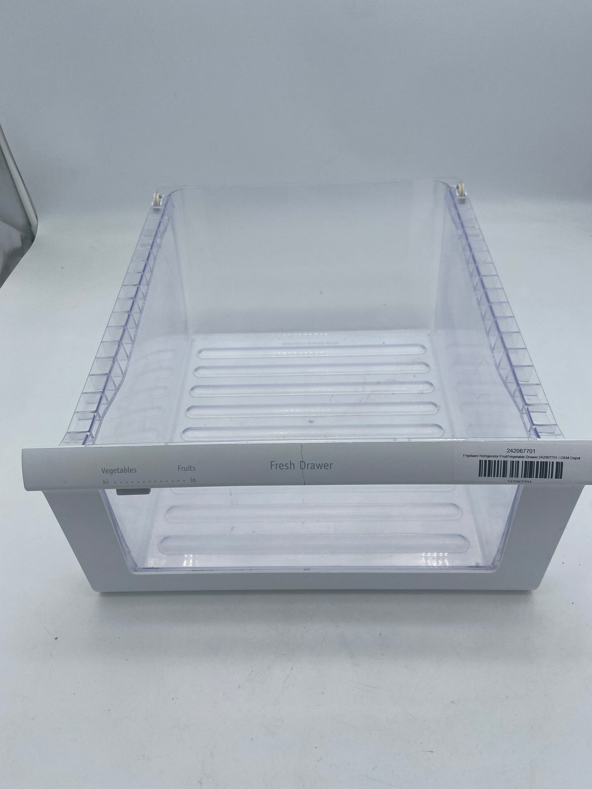 Tiroir à fruits/légumes pour réfrigérateur Frigidaire 242067701 fendu au niveau du lettrage avant