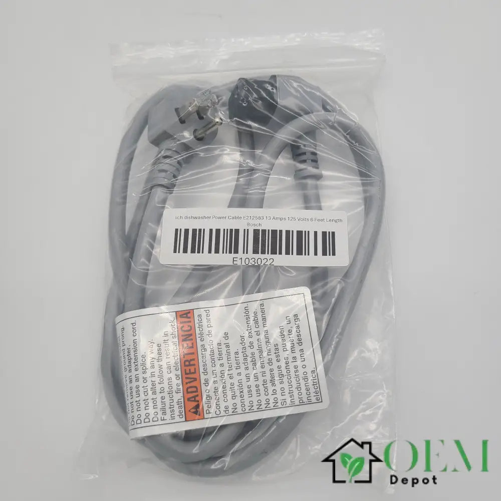 Bosch dishwasher Power Cable E212583 13 Amps 125 Volts 6 Feet Length