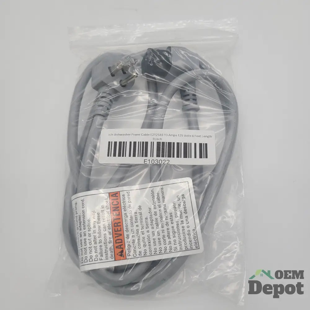 Câble d'alimentation pour lave-vaisselle Bosch E212583 13 ampères 125 volts longueur 6 pieds