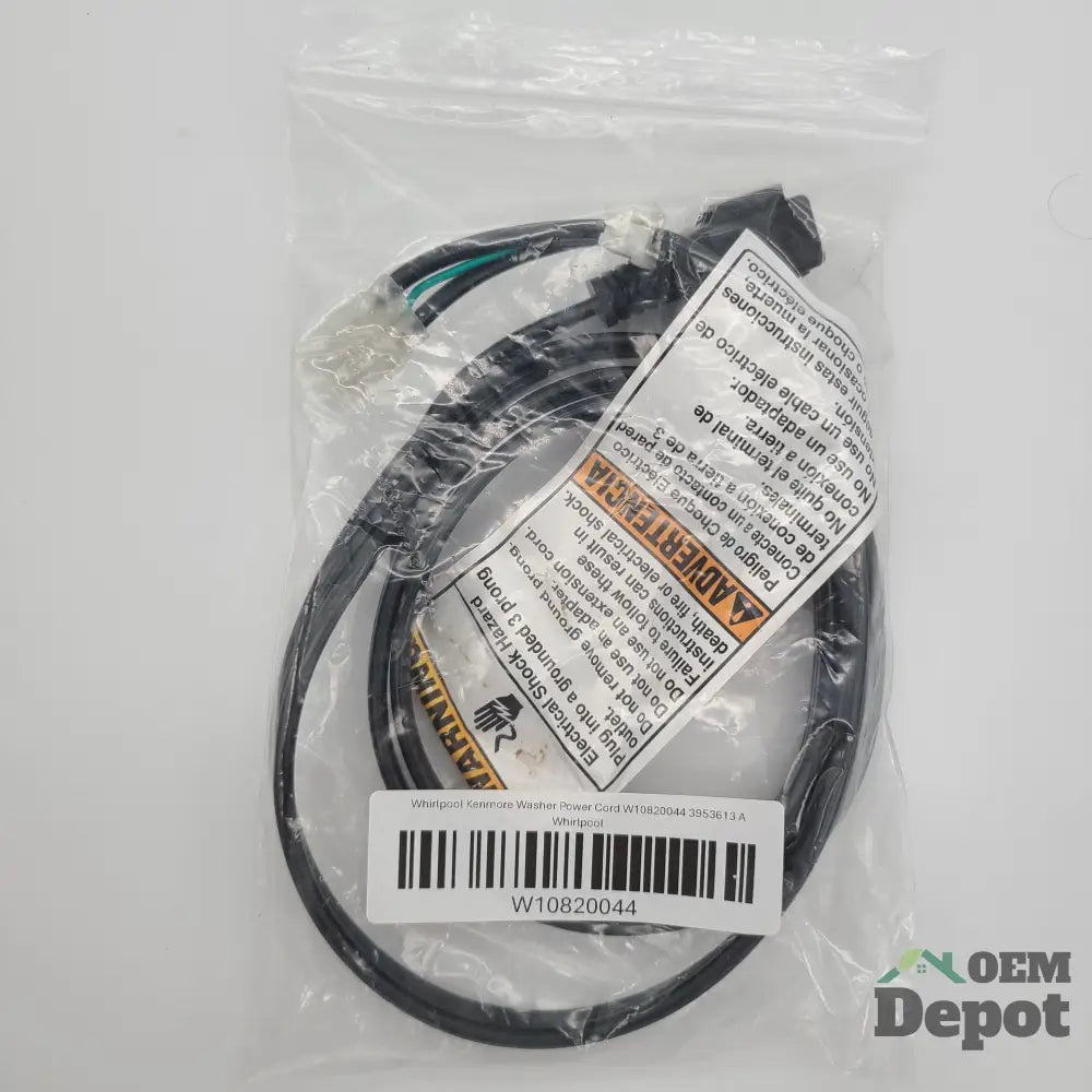 Whirlpool Kenmore Washer Power Cord W10820044 3953613 A